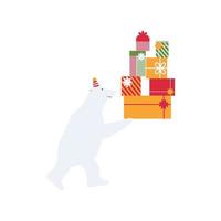 A white polar bear carries boxes with Christmas gifts. Cute childrens new year illustration vector