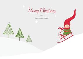 valores vector ilustración con linda Navidad duende en un a rayas rojo sombrero y bufanda. contento duende paseos cuesta abajo en un trineo. paisaje.plantilla para alegre Navidad y nuevo año tarjetas, saludos