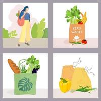 Collection of eco-friendly fabric bags with vegetables, fruits and herbs. Woman lifestyle with zero waste uses reusable bags for shopping in the store. vector