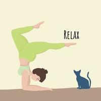 Vector illustration with happy asian an oversized women in yoga position handstand, and cat. Relax. Sports and health body positive concept for postcard, yoga classes t-shirt active healthy lifestyle