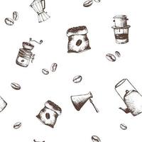 Vector seamless pattern with coffee bag and coffee makers and grinder. llustration for coffee shop or bakery in sketch engraving style with teapot and traditional vietnames coffee