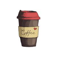Vector illustration of a plastic or paper cup of coffee take-away in a freehand drawing style, in color. Hot drink for breakfast in the office design coffee to go