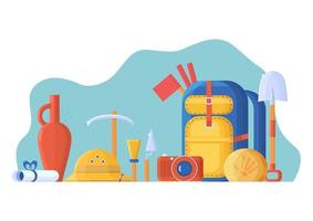 Set for archaeologist. Expedition equipment, a backpack and tools, a camera and a cork helmet. Excavations and finds - a stone with a skeleton and a jug, flat style illustration vector