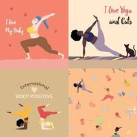 Happy oversized women in yoga position for motivation. I love yoga and my body. Sports and health body positive concept for postcard, yoga classes t-shirt active lifestyle