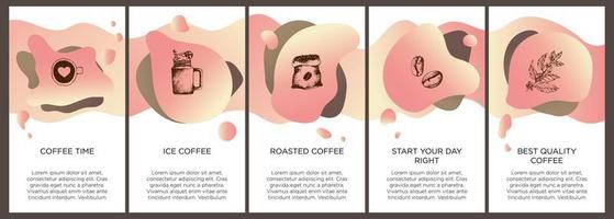 Abstract creative coffee set with copy space for text and hand draw coffe icons. Vector concept for coffee shop house, cafe with pink modern liquid background. Template for website, app.
