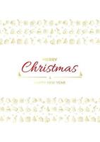 Merry Christmas and happy new year vector poster or greeting card design with hand drawn doodles elements. Xmas banner with gold gradient.