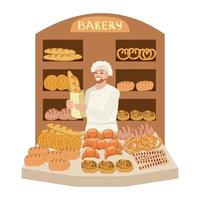 Baker in a bakery is holding a paper bag with baguette. Lots of pastries, bread, croissants, pretzels, rolls and loaves. For the site or banner, the decoration of the bakery business vector