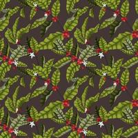 Vector illustration of a seamless pattern with leaves, flowers and berries on the branches of a coffee tree in a cartoon style. Elegant, infused pattern for coffee packaging and coffee brand design