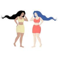 2 beautiful women plus size with healthy long hair. Caucasian and European girls body positive. Different skin color ladies, flat style. Hair care, active healthy lifestyle