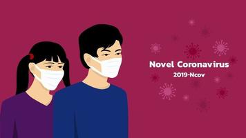 asiático chino hombre y mujer en médico mascaras en rojo antecedentes. concepto virus advertencia peligro. novela coronavirus 2019 ncov vector