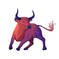 Vector illustration isolated on white background bull in motion turned its head. Purple gradient, bull running, symbol of the new year