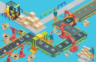 Automatic factory with conveyor line and robotic arms. Assembly process. Vector illustration