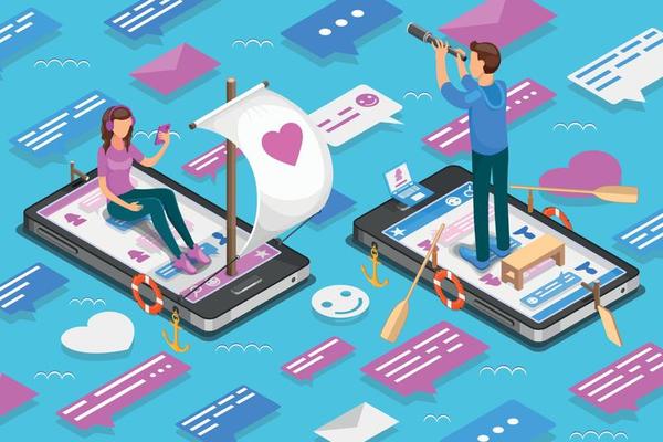 Virtual relationships and online dating isometric concept. Teenagers are looking for a couple in social networks. Vector illustration