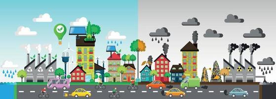 Green and polluted city. For diagram, web design,  brochure,  template,  layout, banner vector illustration