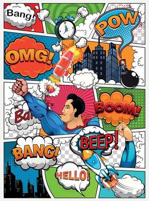 Comic book page divided by lines with speech bubbles, rocket, superhero and sounds effect. Retro background mock-up. Comics template. Vector illustration
