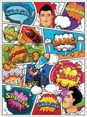 Comic book page layout. Comics template. Retro background mock-up. Divided by lines with speech bubbles, city, rocket, superhero and sounds effect. Vector illustration
