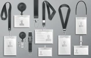 Set of realistic employee identification cards on black lanyards with strap clips, cord and clasps vector illustration