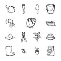 A set of gardening tools. Vector illustration in doodle style on white background