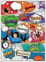 Comic book page divided by lines with speech bubbles, rocket, superhero and sounds effect. Retro background mock-up. Comics template. Vector illustration