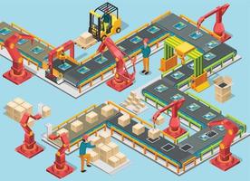 Automatic factory with conveyor line and robotic arms. Assembly process. Vector illustration