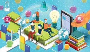 Reading people. Educational concept. Online library. Online education isometric flat design on blue background. Vector illustration