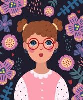 Portrait of a cute girl with glasses on flower background vector