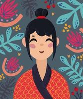 un dibujos animados retrato de un asiático niña vistiendo un kimono en floral antecedentes vector