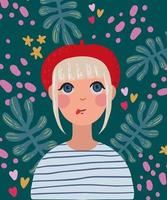 A  french girl wearing a red hat and a striped shirt on a floral background vector
