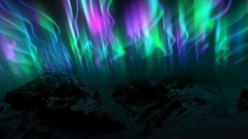 The abstract background of the multi -colored northern lights and mountains in the north, a bright iridescent realistic light light in the sky. Video 4K, 60 FPS