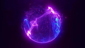 Abstract purple looped energy sphere of particles and waves of magical glowing on a dark background, video 4k