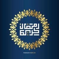 free Ramadan Kareem Arabic Calligraphy with golden color on blue background. Islamic Month of Ramadan in Arabic logo greeting design vector