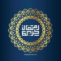 free Ramadan Kareem Arabic Calligraphy with golden color on blue background. Islamic Month of Ramadan in Arabic logo greeting design vector