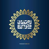 gratis Ramadán kareem Arábica caligrafía con dorado color en azul antecedentes. islámico mes de Ramadán en Arábica logo saludo diseño vector