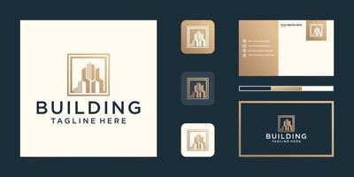 Building inspirational with line art style and gold color Vector logo and business card