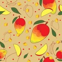 Seamless pattern with mango slice and leaves on beige background vector