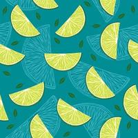 Pattern with lime slices and leaves on blue background vector