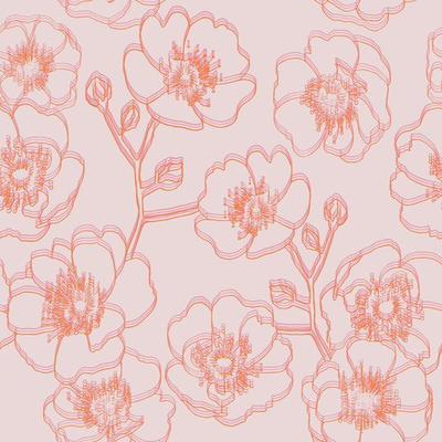Boho vintage pattern with dog rose. Double line blooming wild rose on beige background