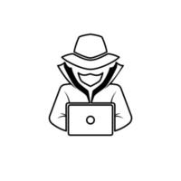 un agente con un ordenador portátil. espía agente, secreto agente, hacker ciber seguridad. vector ilustración.