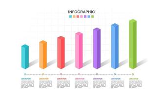 7 Bar chart 3D graph timeline business statistics. The report, Presentation, Data, Milestone, and Infographic. Vector illustration.