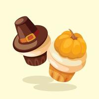 Pumpkin Cupcake with Cream and Decorative Brown Witch Hat and Pumpkin Vector Illustration