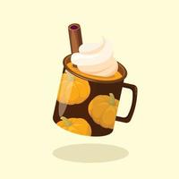 Pumpkin Drink with Cream and Cinnamon on Pumpkin Mug Vector Illustration