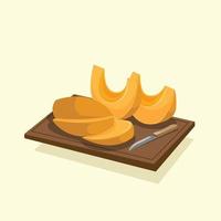 Sliced and Unseeded Pumpkin on Wooden Chopping Board and Knife Vector Illustration