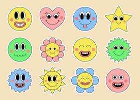 Set of cool colorful groovy retro stickers. Happy trendy hippie face patch collection. vector