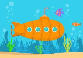 Cartoon yellow submarine underwater vector