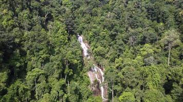 Aerial fly forward Penang Botanical Garden waterfall cascading video
