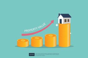 stacked coins and graph shows increasing of property values, real estate with growth chart, home investment vector