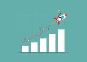 Businessman riding rocket on growth bar graph or rising up revenue chart, investment profit increase, growing fast or improvement sales and revenue, business progress or development concept vector