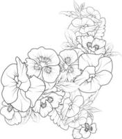 Flower coloring page and books, monochrome vector sketch, pansy flower, pansy flower vector, floral background with pansy natural leaf collection, illustration pencil art, pansy flower drawing,