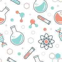 Seamless pattern on the topic of chemistry with flasks, test tubes, molecules vector