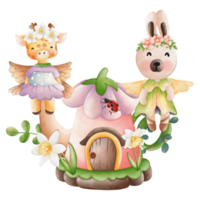 Cute Animal fairy and fairy house, Spring Season illustration Element png